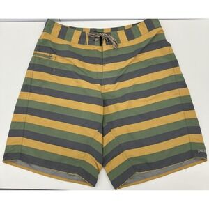 Patagonia Board Shorts Mens 34 Yellow Green Gray‎ Stripe Nylon Swim Trunks Surf